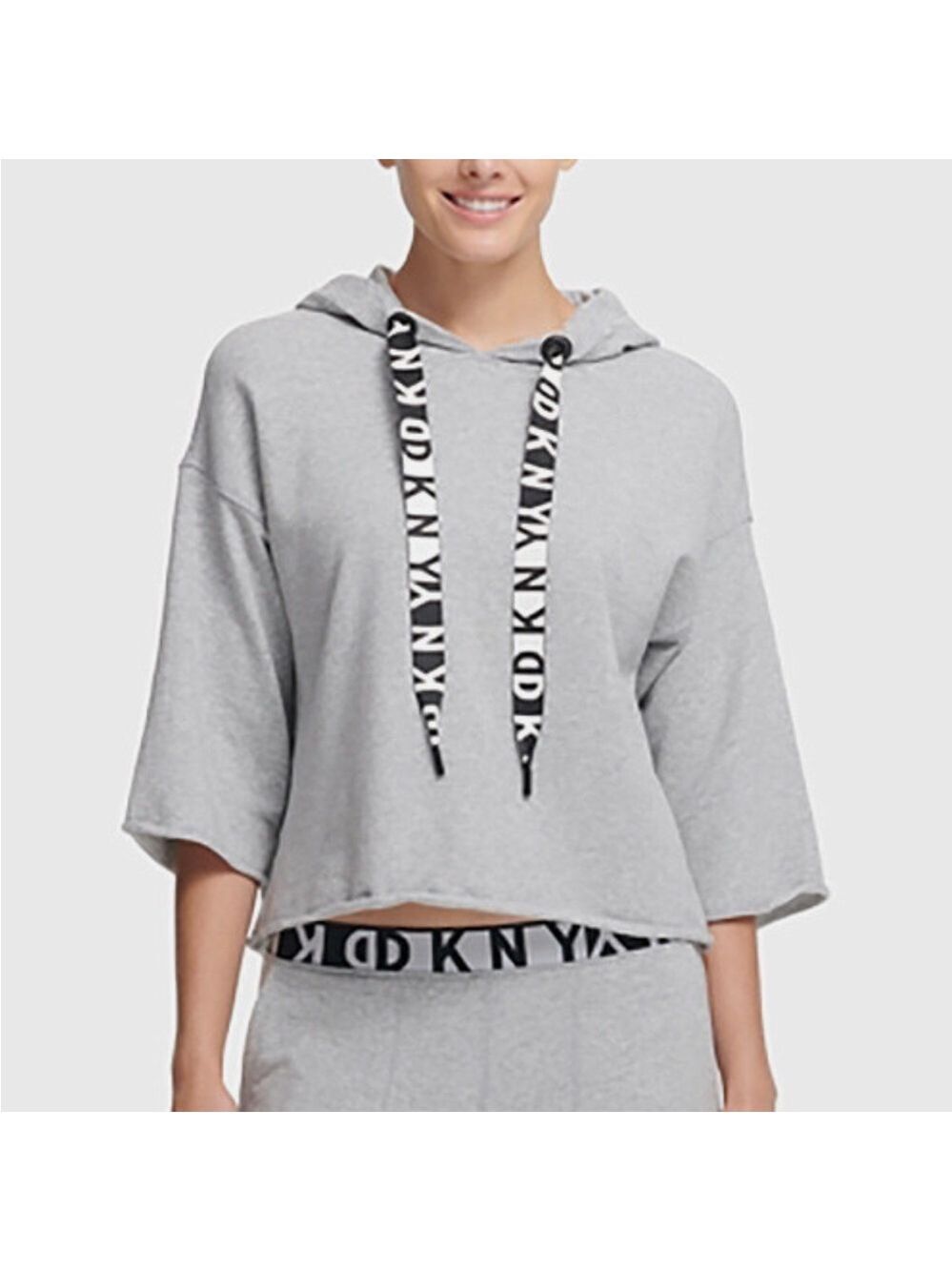 DKNY Sport Cropped Cotton Fleece Logo Hoodie; Grey Sz Large